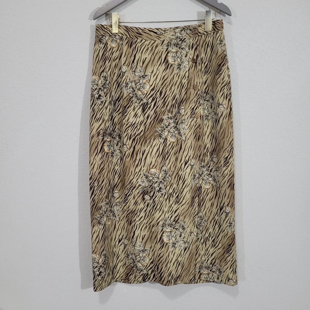 VTG Floral Midi Skirt Norton McNaughton Women Large 12 14 Brown Tiger Stripe 90s